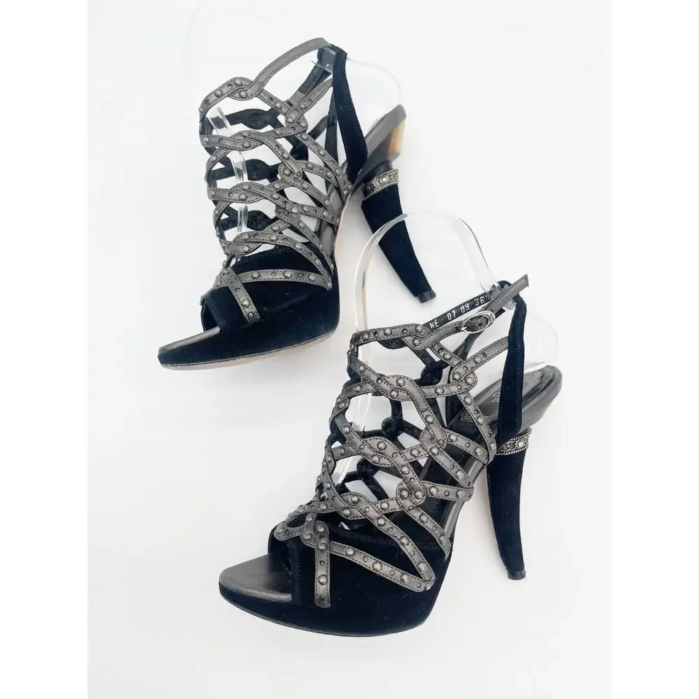 Dior Fall 2009 Runway Galliano Gunmetal Black Studded Caged Sandals EU 36.5
